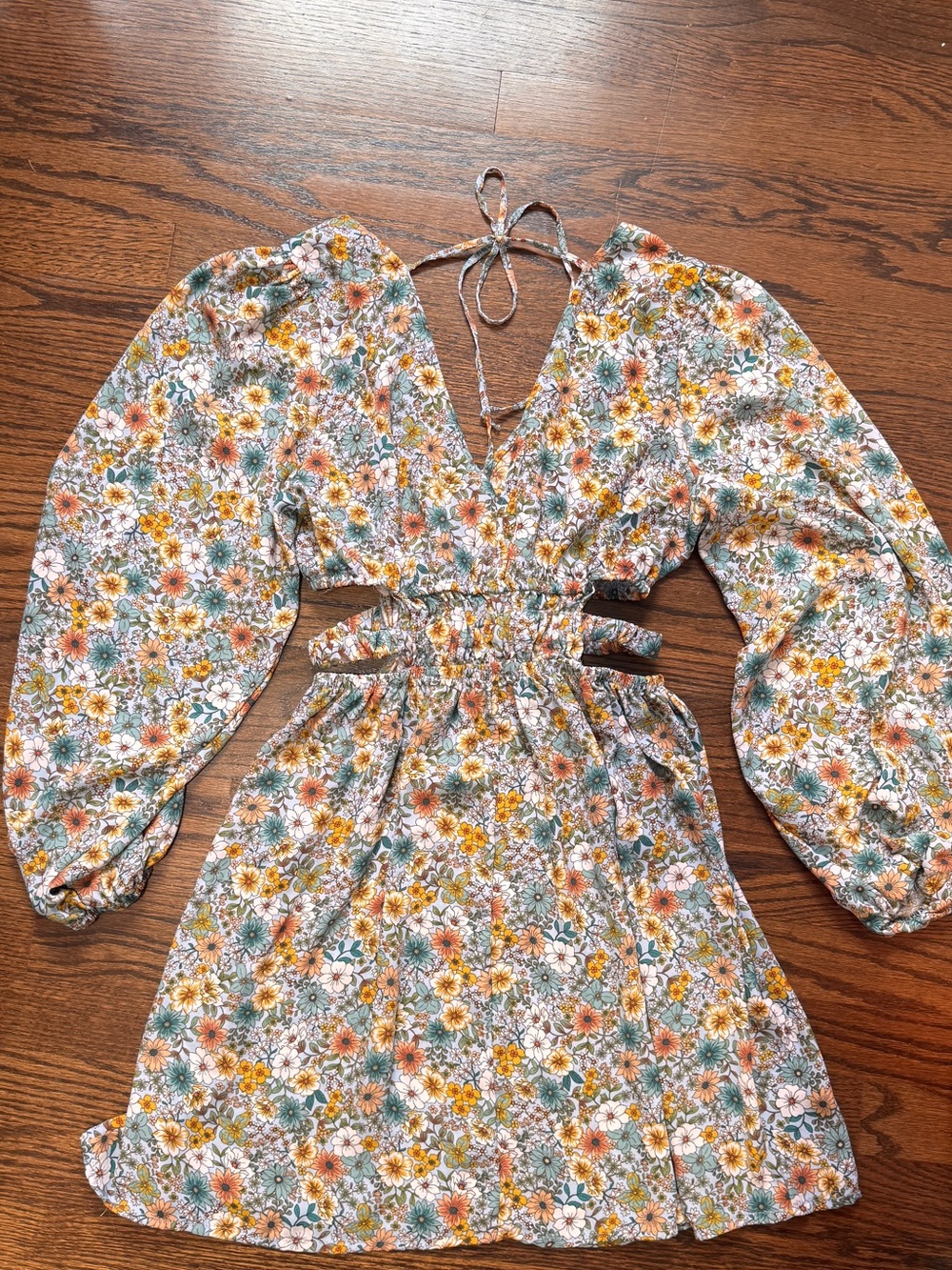 Floral Tie-Back Mini Dress in Yellow & Green